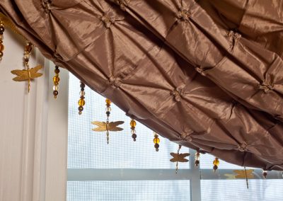 Portfolio, Kravet fabric, decorative trim, window treatment details, brown silk fabric, bead trim, swags, texture fabric, gold trim, dragonfly, gold and white beads, window treatments, curtains, boston interior design, white molding, curtain details, draped valance, draped curtains