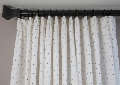 Curtains and drapes, Natick design, curtains, window treatment details, decorative hardware, black rod and rings, white sheer fabric, inverted pleat drapes, Kravet fabric, silver studs on white sheer, pleated drapery, French pleat drape, dining room drapes, dining room curtains