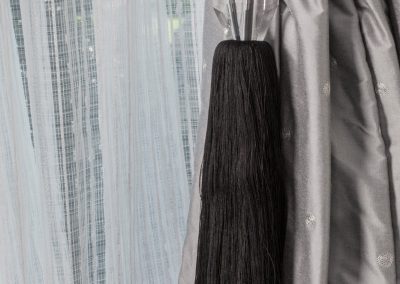 curtains and drapes, Newton home, curtain, window treatment details, crystal tieback, gray fabric, white sheer, Kravet fabric, Samuel and Sons