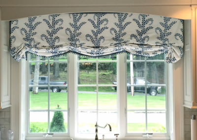blue and white decor, roman valance, roman shade, valance, valance with beaded trim, kitchen curtains, curtains for bay windows, weston, white cabinets, roman shades